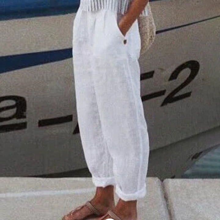 Pantaloni Casual in Cotone e Lino a Colore Unito