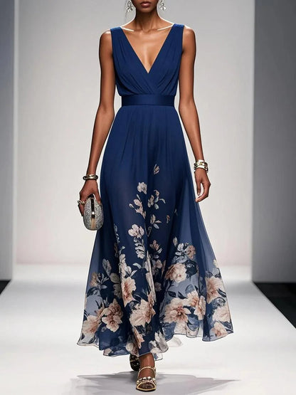 Abito Maxi A-Line Senza Maniche con Scollatura a V in Chiffon Floreale Blu Chiaro