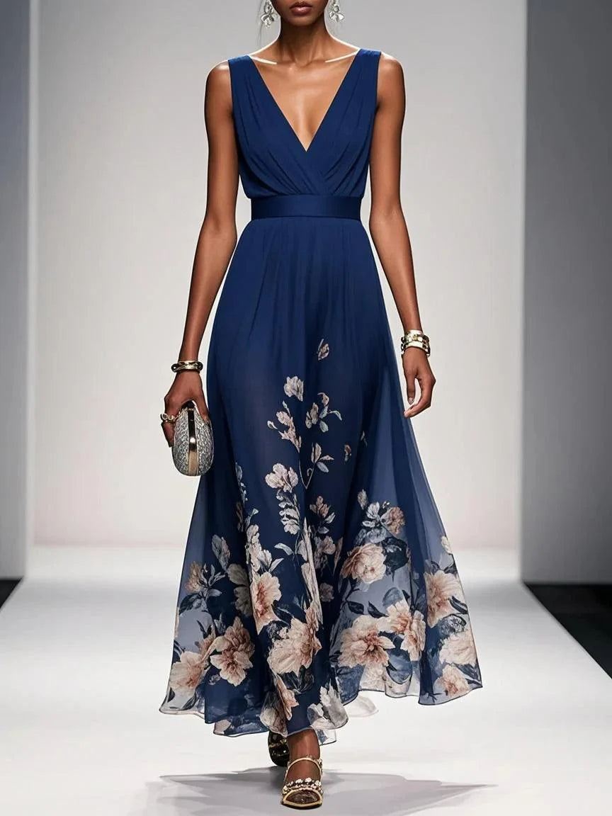 Abito Maxi A-Line Senza Maniche in Chiffon Floreale Blu Chiaro