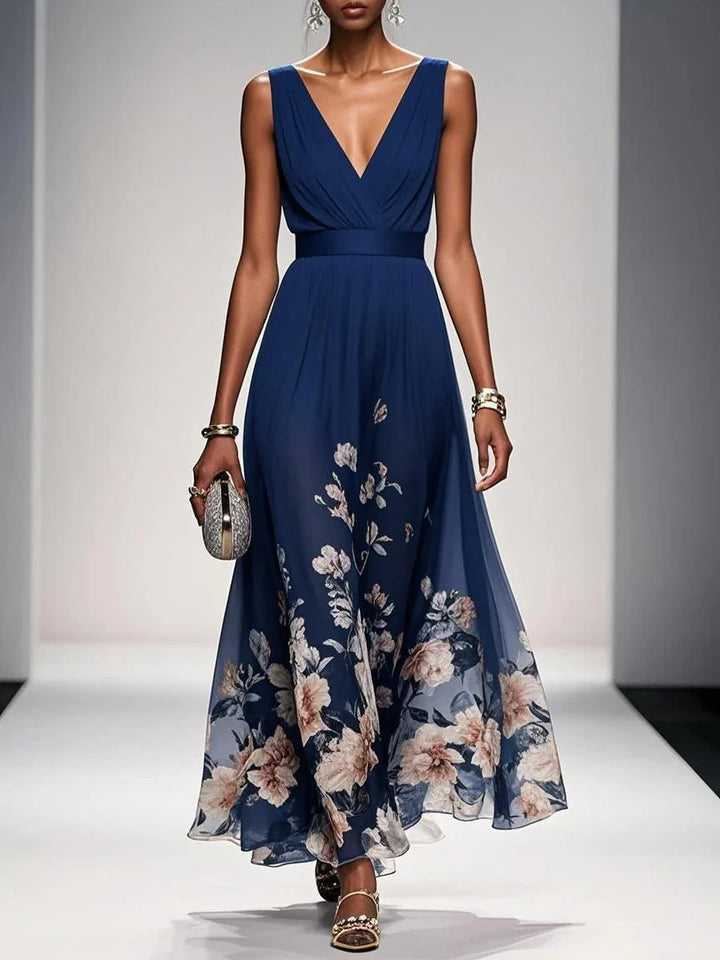 Abito Maxi A-Line Senza Maniche in Chiffon Floreale Blu Chiaro