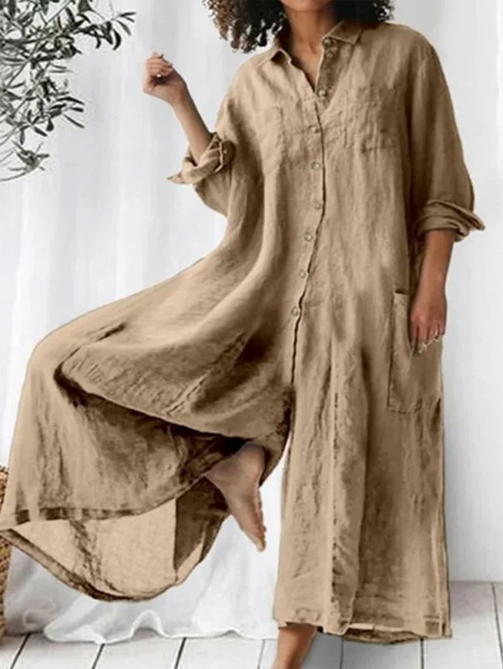 Salopette Casual Semplice con Collo a Revers e Gamba Larga