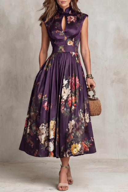 Abito Midi in Satin Pieghettato con Collo a Chiave Nera