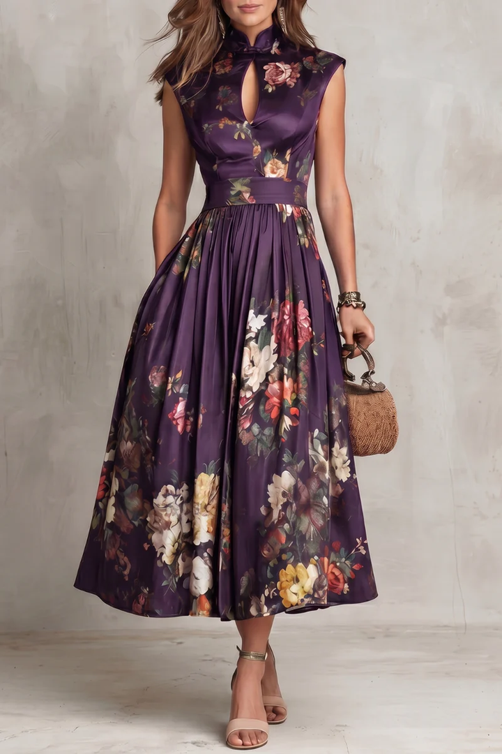 Abito Midi in Satin Pieghettato con Collo a Chiave Nera