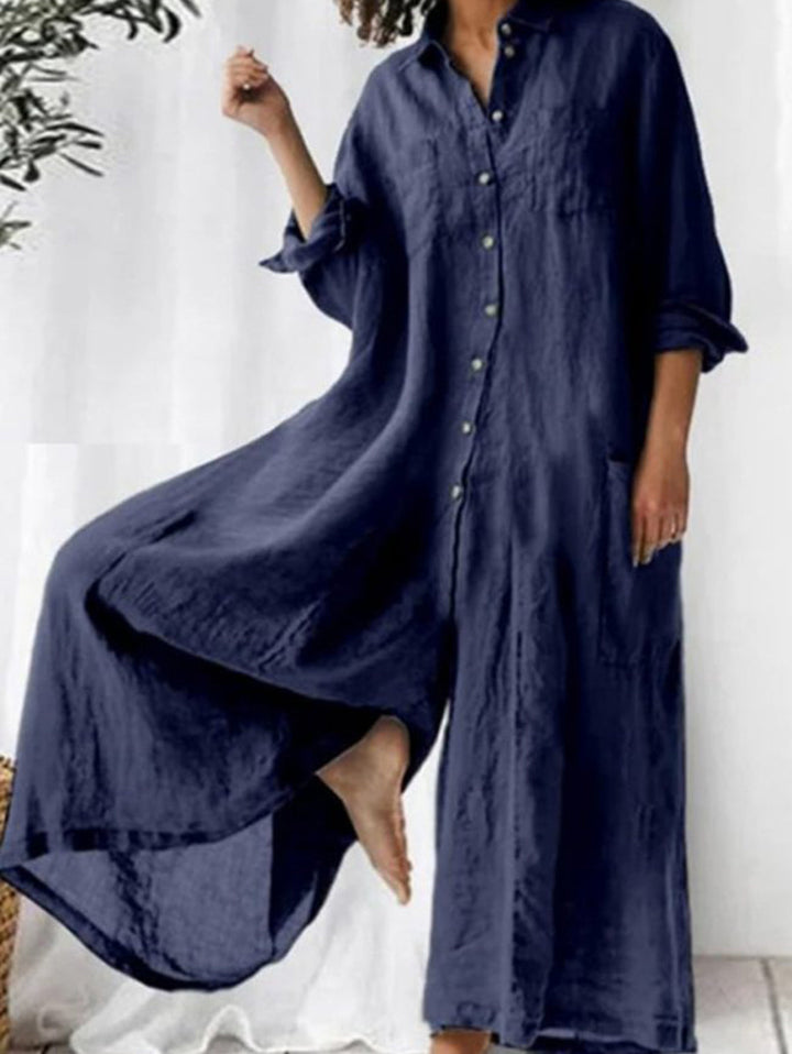 Salopette Casual Semplice con Collo a Revers e Gamba Larga