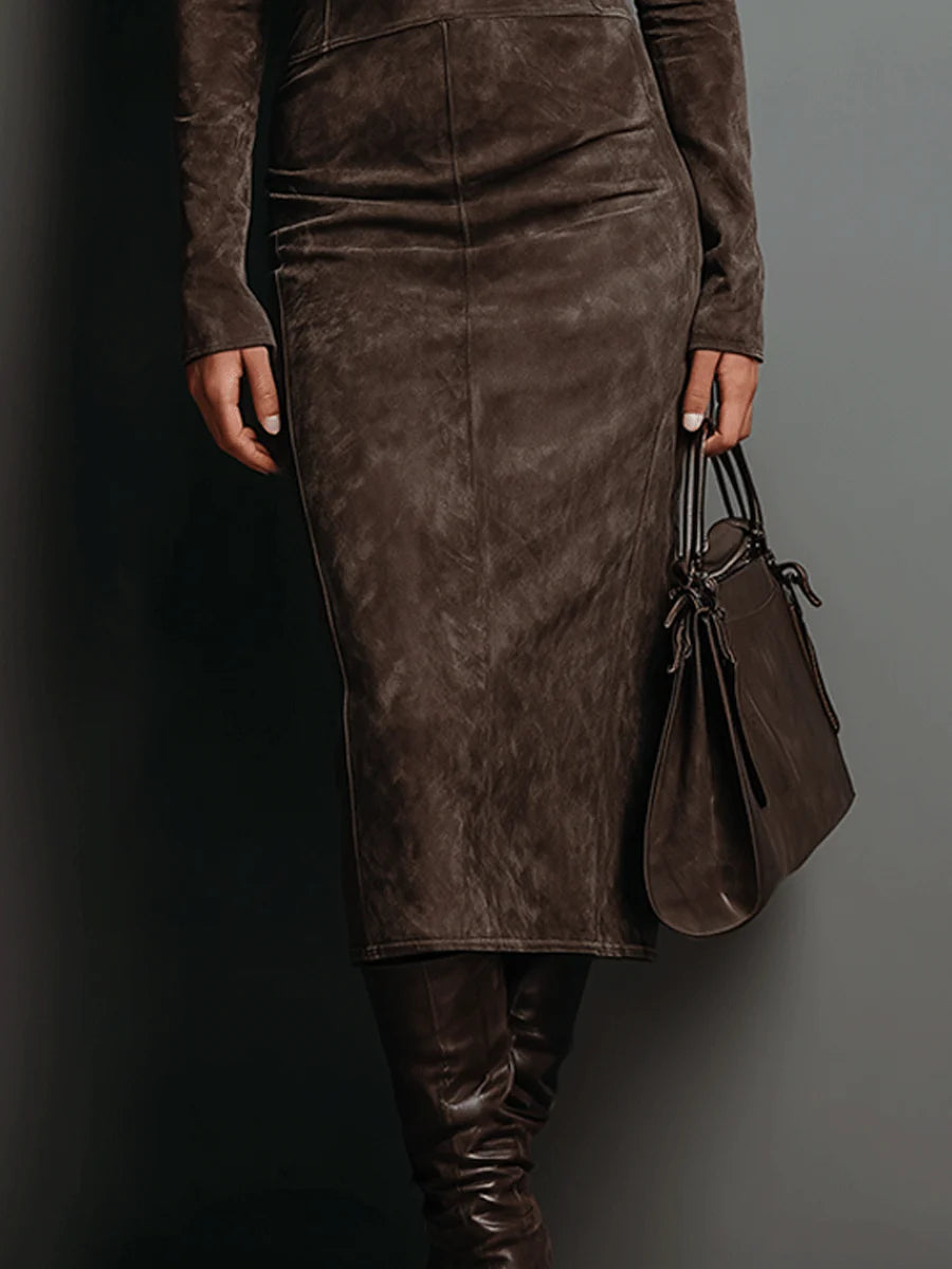 Abito Midi in Suede con Collo Alto e Maniche Lunghe