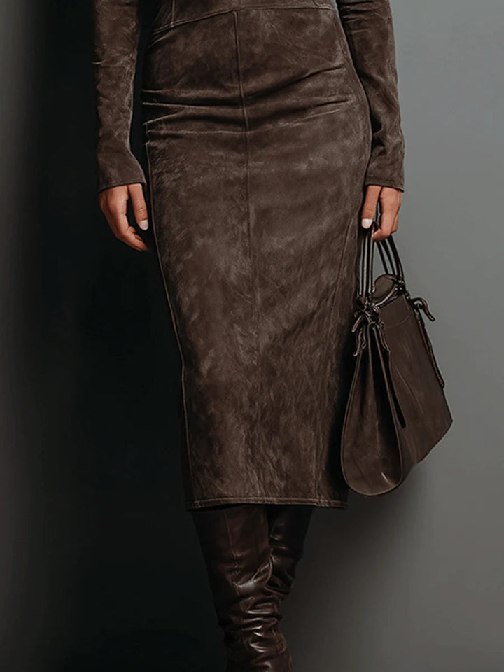 Abito Midi in Suede con Collo Alto e Maniche Lunghe