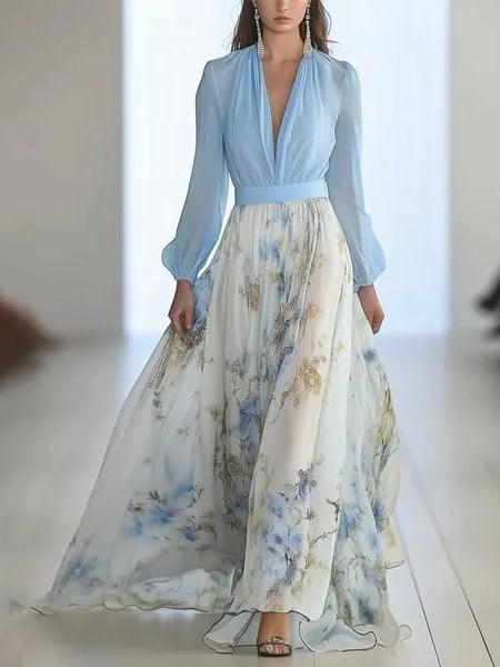 Stupenda Maxi Dress V-Neck con Stampa Floreale