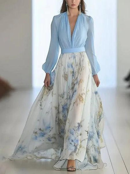 Stupenda Maxi Dress a V con Stampa Floreale