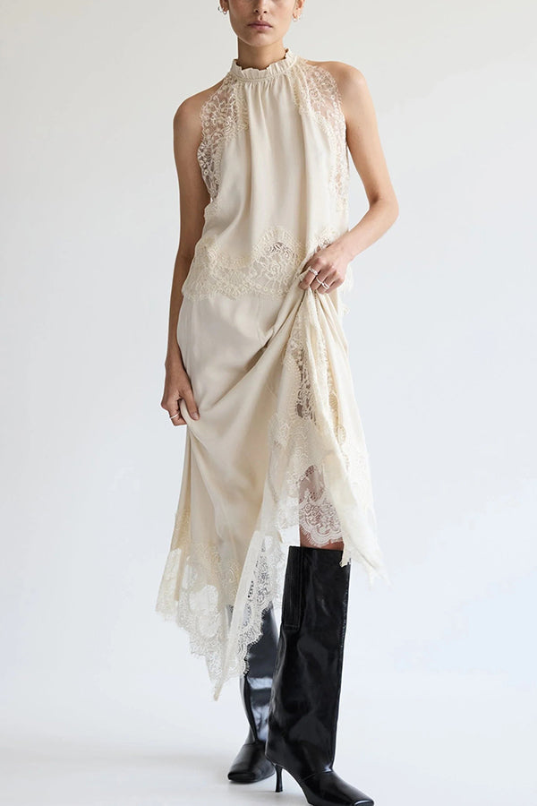 Top con Collo Plissettato in Pizzo + Gonna con Fessura Irregolare