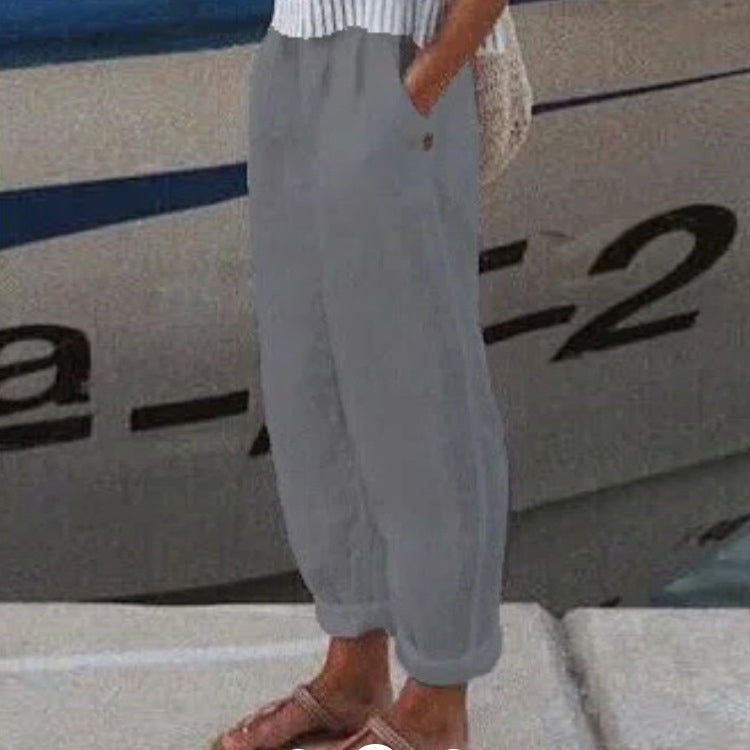Pantaloni Casual in Cotone e Lino a Colore Unito