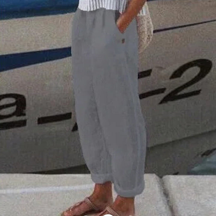 Pantaloni Casual in Cotone e Lino a Colore Unito