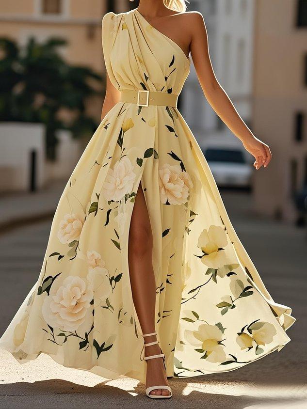 Abito Maxy in Chiffon Verde Chiaro a Fiori con Spalla Scoperta
