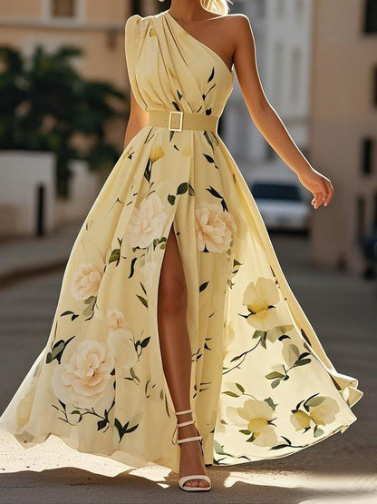 Abito Maxy in Chiffon Verde Chiaro a Fiori con Spalla Scoperta