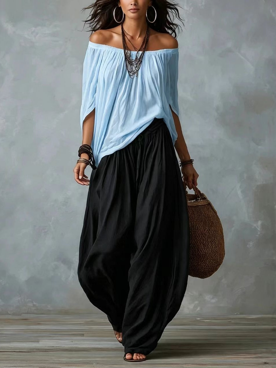 Top Bianco Off-the-shoulder e Set di Pantaloni Lantern Larghe