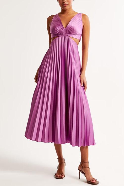 Abito Maxi Senza Maniche Plissettato con Cut Out in Vita a V