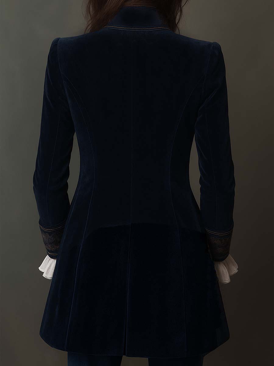 Giacca Lunga Vintage Ricamata da Donna in Blu Navy