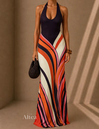 Samira Vestito Maxi Halter con Stampa Geometrica