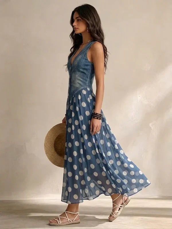 Abito Elegante Effetto Jeans con Gonna in Chiffon a Pois