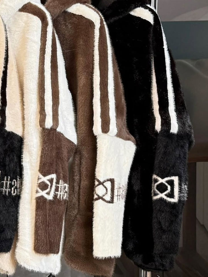 Cappotto Casual Stampato a Strisce Verticali con Cappuccio in Peluche