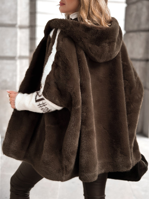 Cappotto Casual Stampato a Strisce Verticali con Cappuccio in Peluche