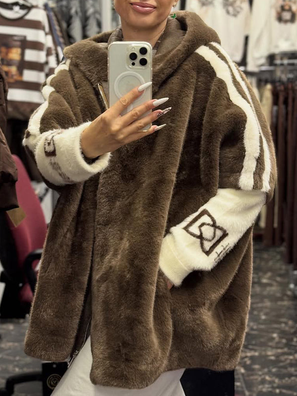 Cappotto Casual Stampato a Strisce Verticali con Cappuccio in Peluche