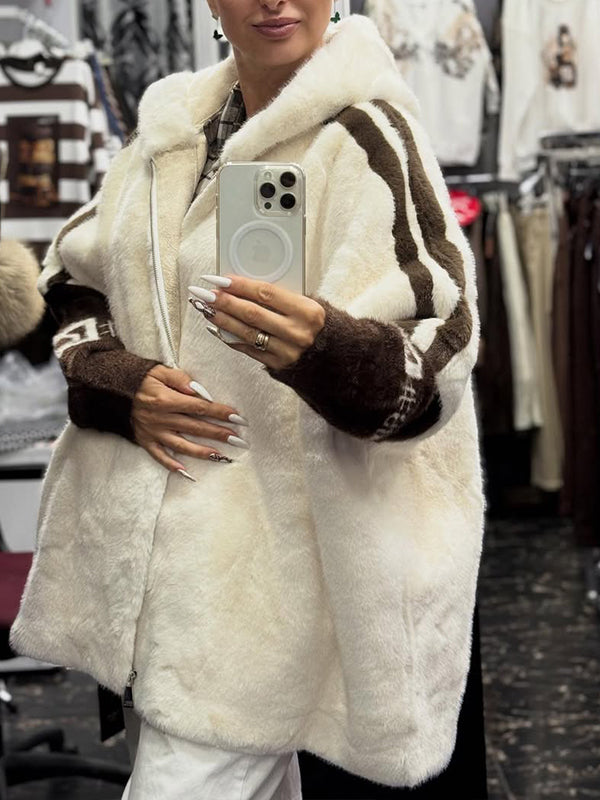 Cappotto Casual Stampato a Strisce Verticali con Cappuccio in Peluche
