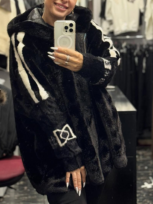 Cappotto Casual Stampato a Strisce Verticali con Cappuccio in Peluche