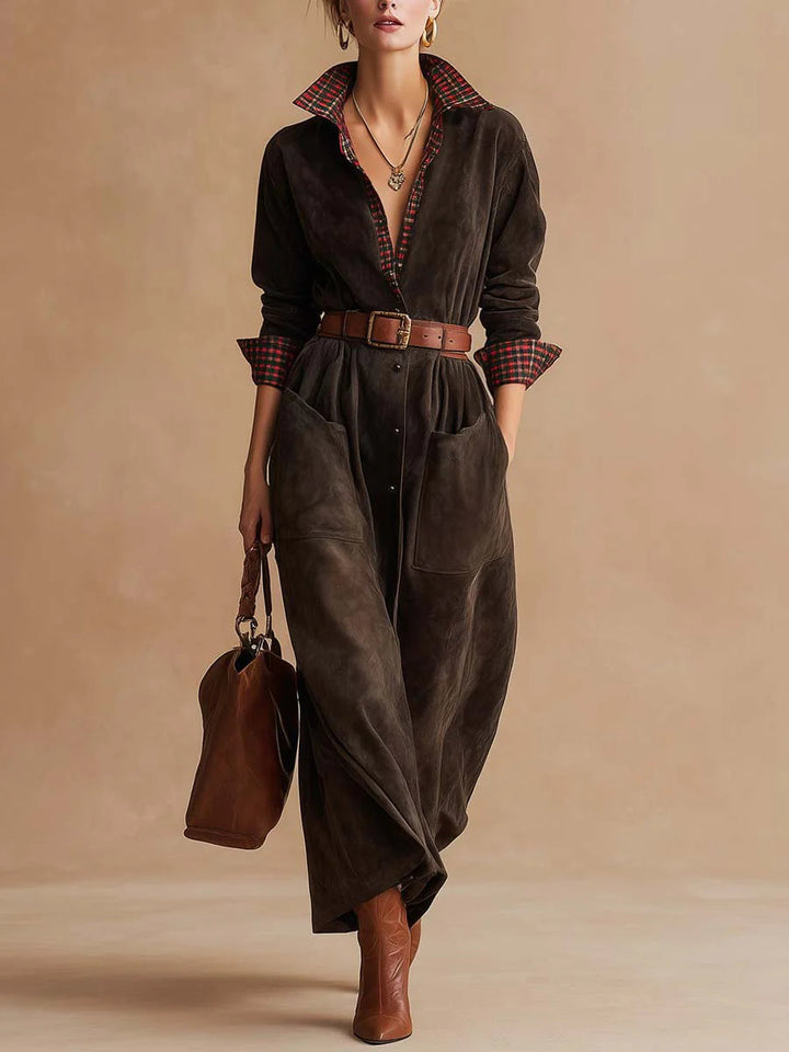 Abito a collare in suede scuro marrone retro con patchwork a quadri (Include cintura)