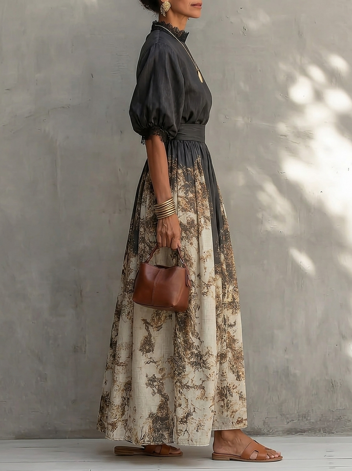 Elegante Abito Maxi A-Line con Collo Rotondo e Stampa a Blocco di Colore