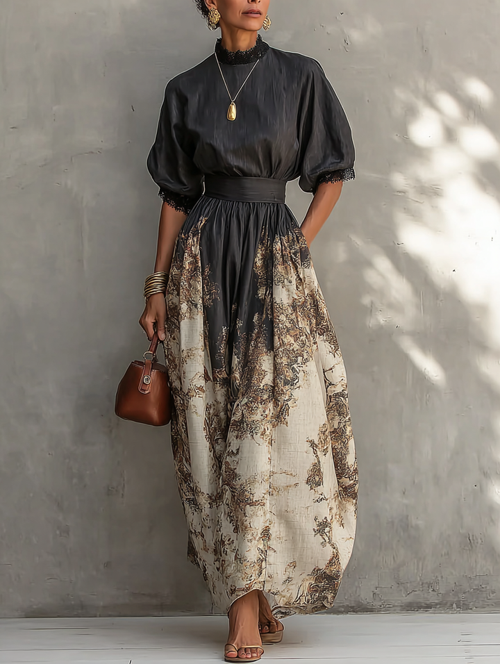 Abito Maxi A-Line Elegante con Collo a Mock-Neck e Stampa a Blocco di Colore