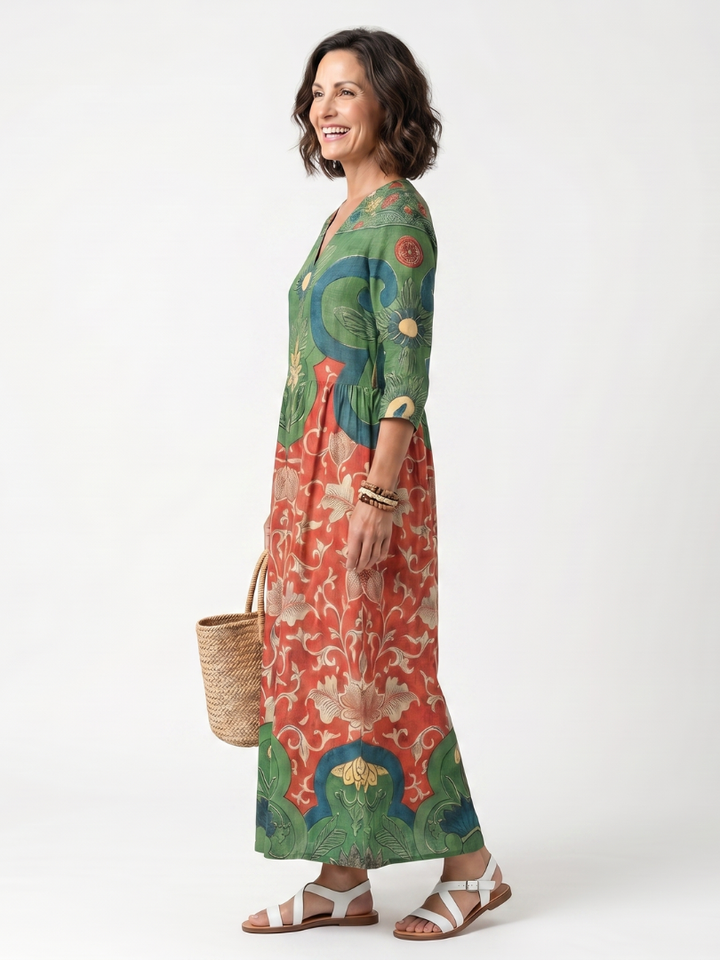 Sloane | Abito Midi a V con Tasche e Stampa Mista