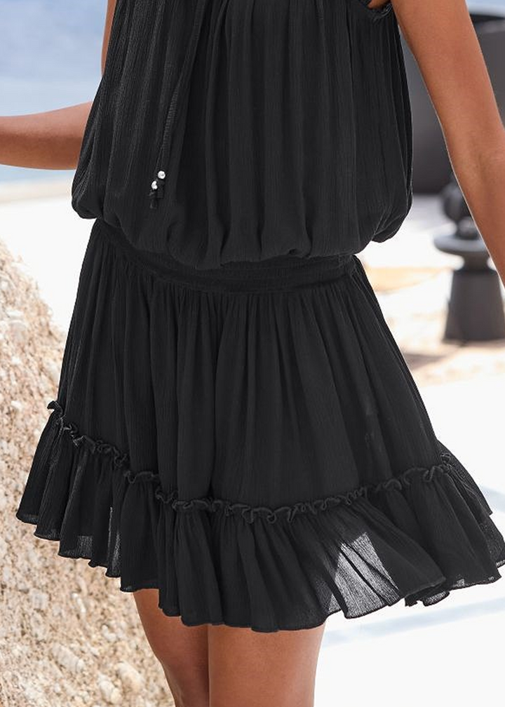 Abito Mini Nero in Chiffon con Scollatura a V
