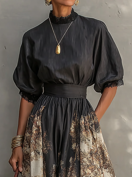 Elegante Abito Maxi A-Line con Collo Rotondo e Stampa a Blocco di Colore