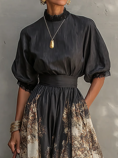 Abito Maxi A-Line Elegante con Collo a Mock-Neck e Stampa a Blocco di Colore