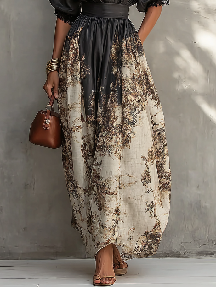 Elegante Abito Maxi A-Line con Collo Rotondo e Stampa a Blocco di Colore