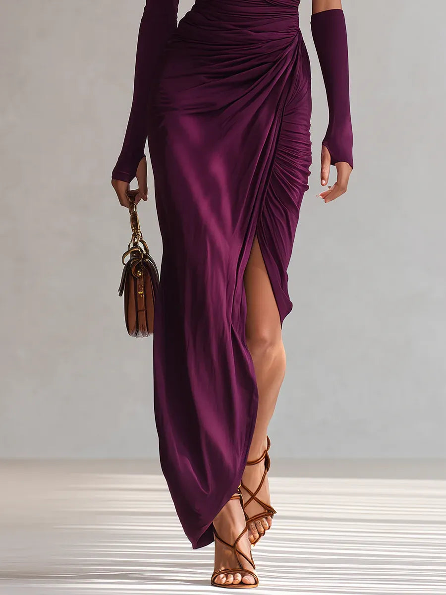 Elegante abito maxi sexy viola a spalla unica