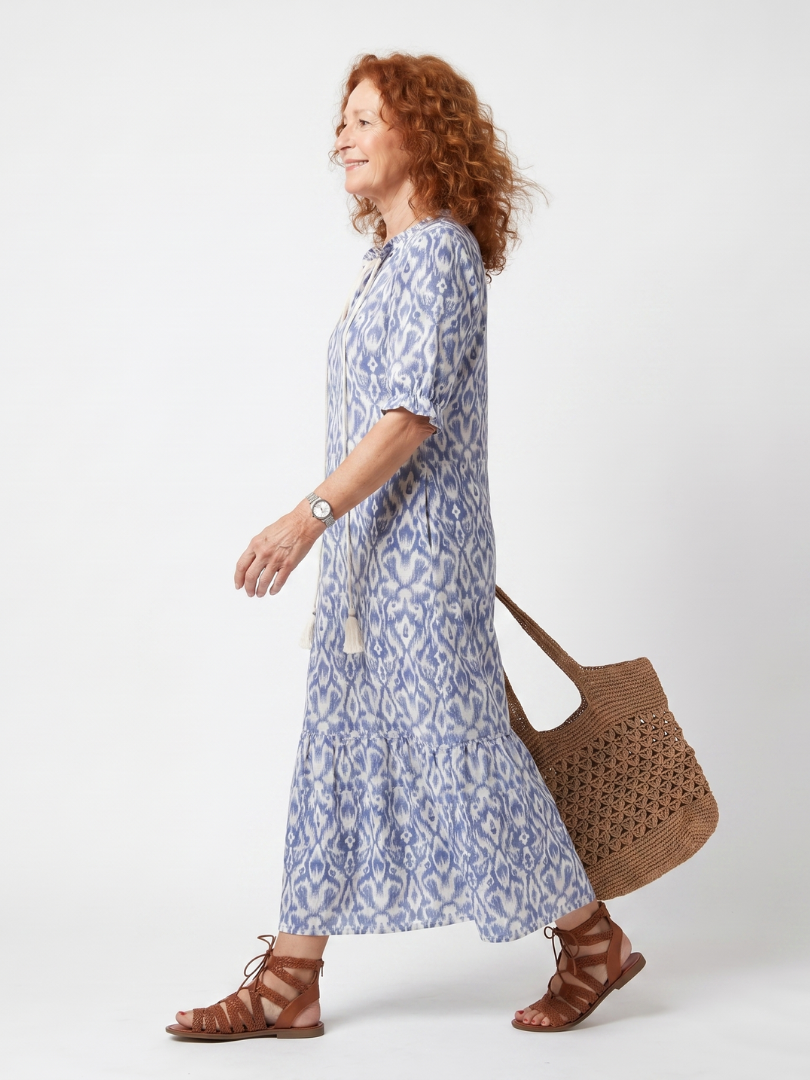 Ottoline | Abito Midi Stampato con Collo a Nastro e Frange