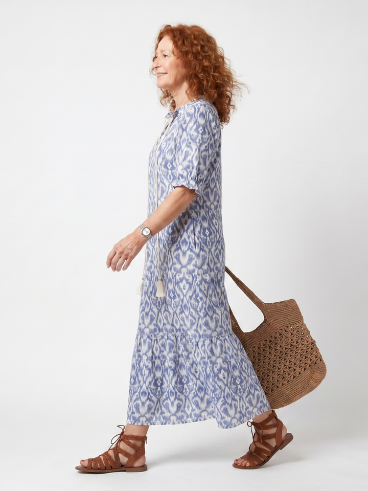 Ottoline | Abito Midi Stampato con Collo a Nastro e Frange