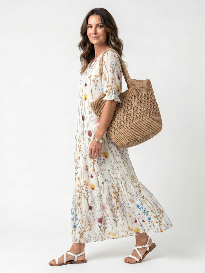Sylvie | Abito Midi con Stampa Botanica e Fiocchi