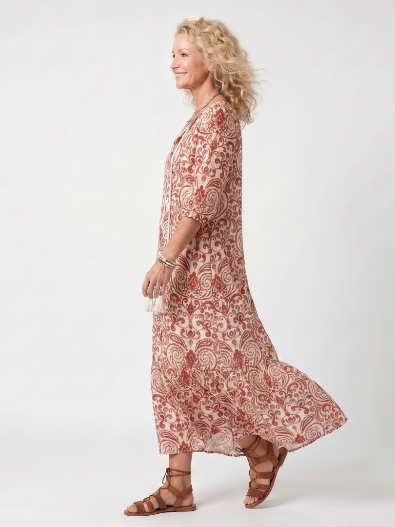 Noelle | Abito Midi con Stampa Ornata e Fiocco a Nappa
