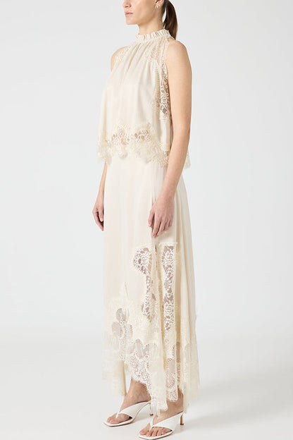 Set Top con Collo Plissettato in Pizzo + Gonna con Fessura Irregolare