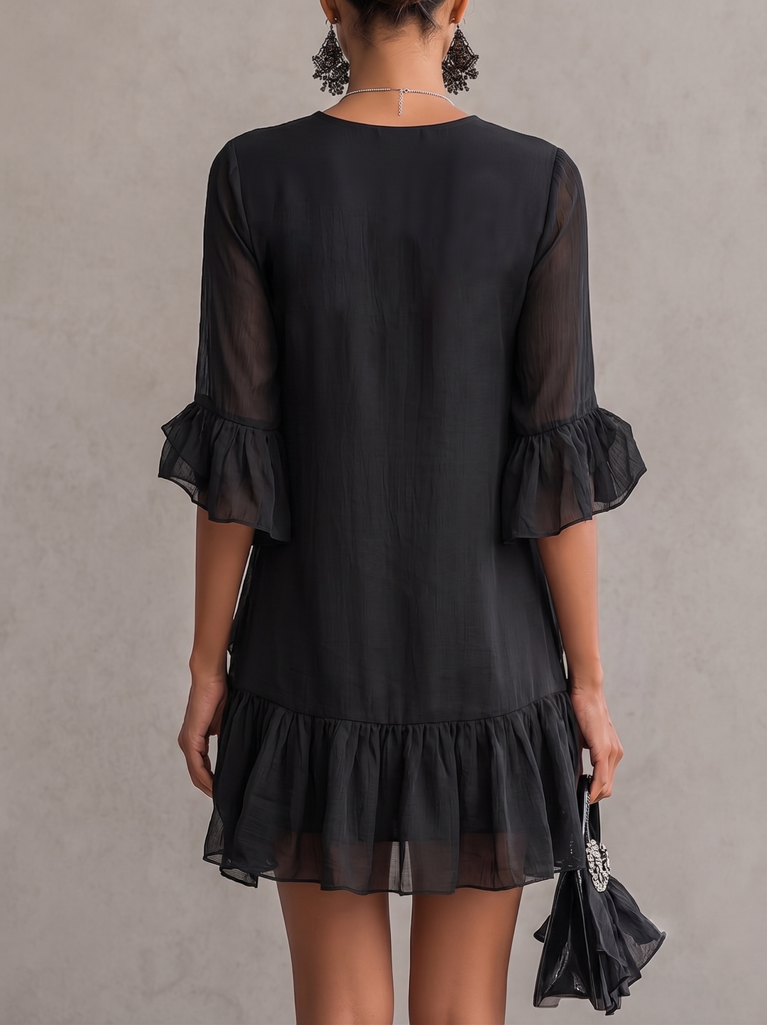 Vestito Mini in Chiffon Nero con Rouches