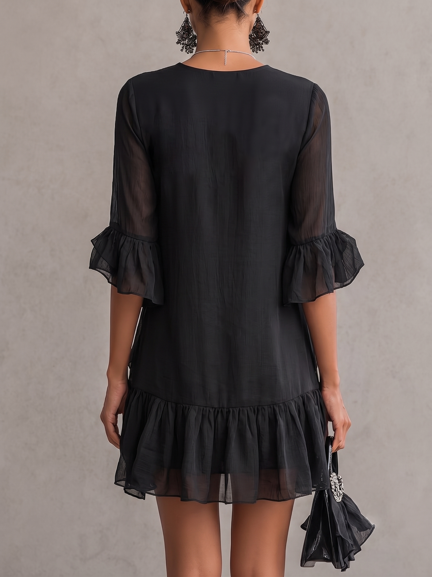 Vestito Mini in Chiffon Nero con Rouches