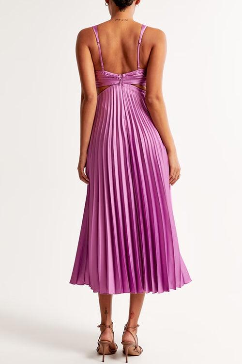 Abito Maxi Senza Maniche Plissettato con Cut Out in Vita a V