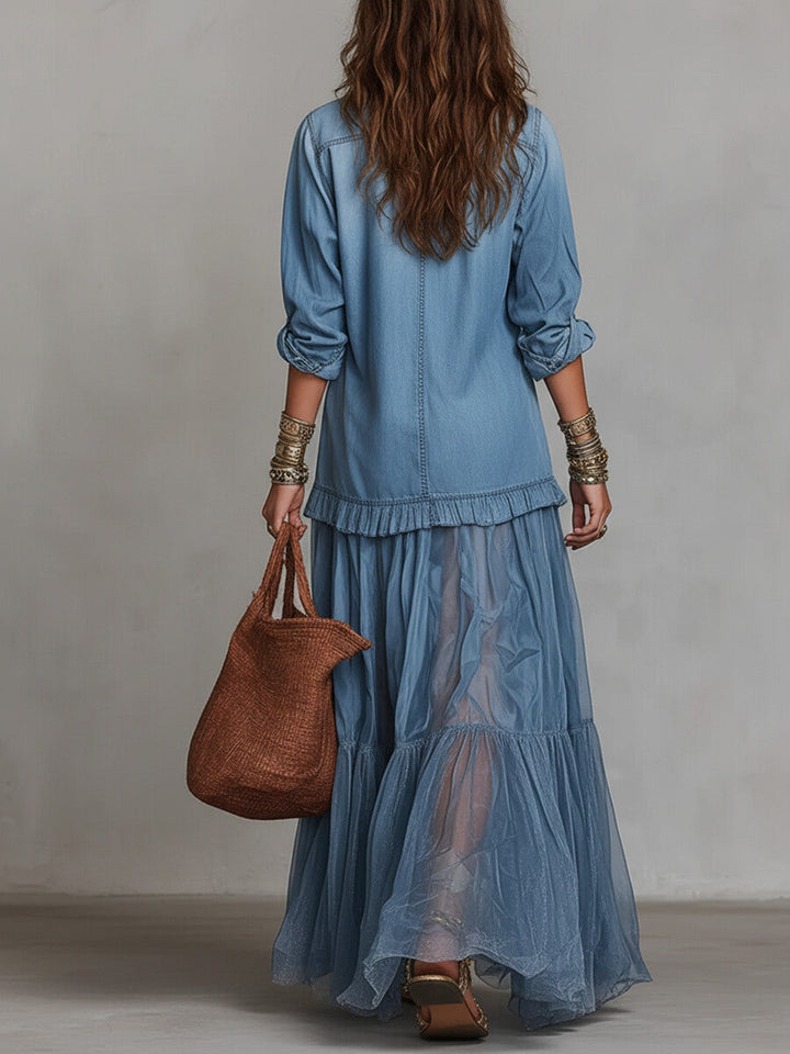 Abito Maxi in Denim Blu Finto con Collo Camicia e Tasche Trasparenti
