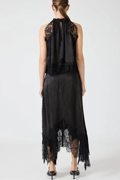 Set Top con Collo Plissettato in Pizzo + Gonna con Fessura Irregolare