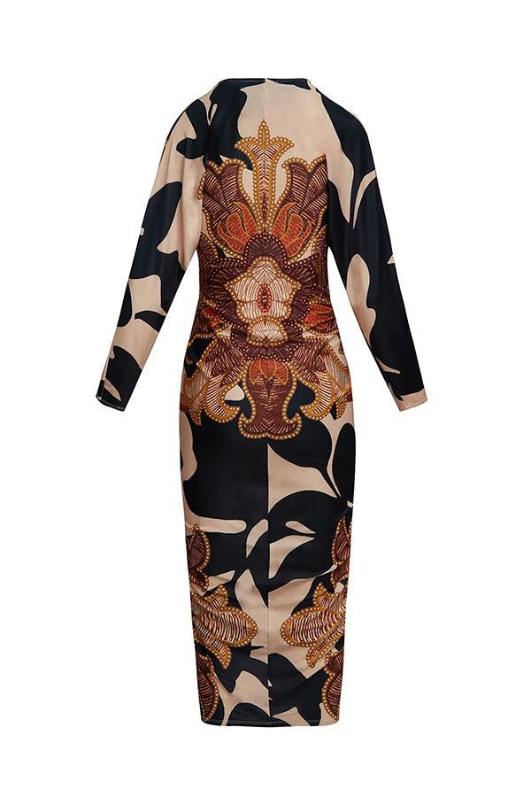 Abito Midi a Manica Lunga Dolman con Ruches e Spacco Unico