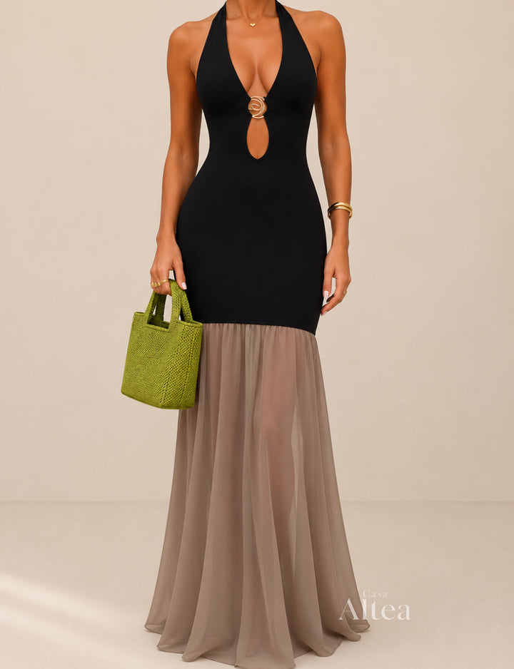 Nerea Vestito Maxi Halter con Dettagli in Contrasto