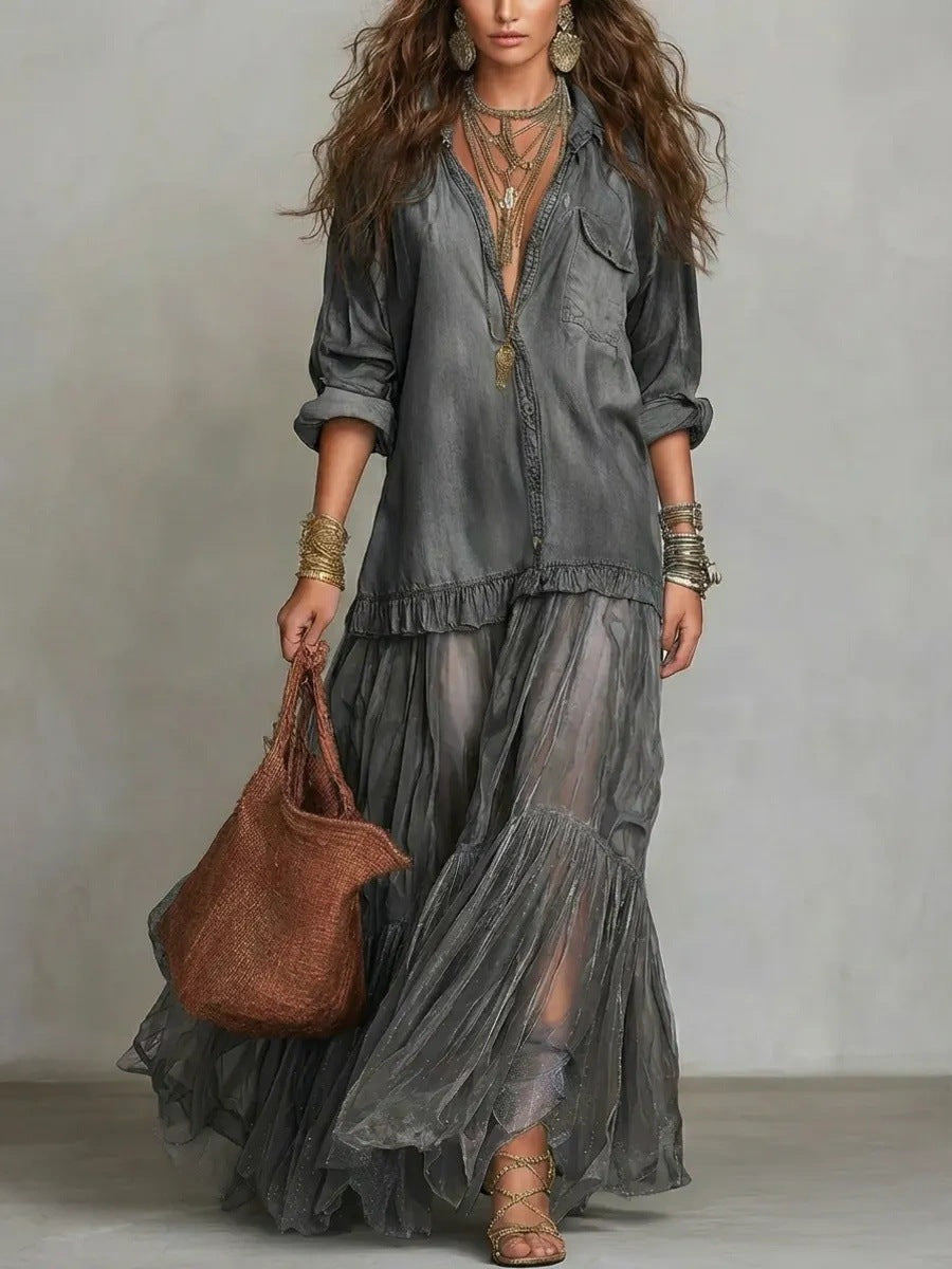 Abito Maxi in Denim Blu Finto con Collo Camicia e Tasche Trasparenti