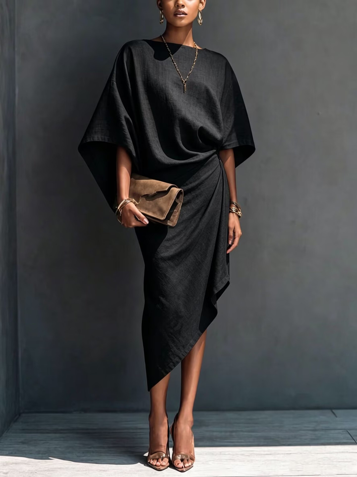Abito midi asimmetrico drappeggiato color khaki a maniche corte